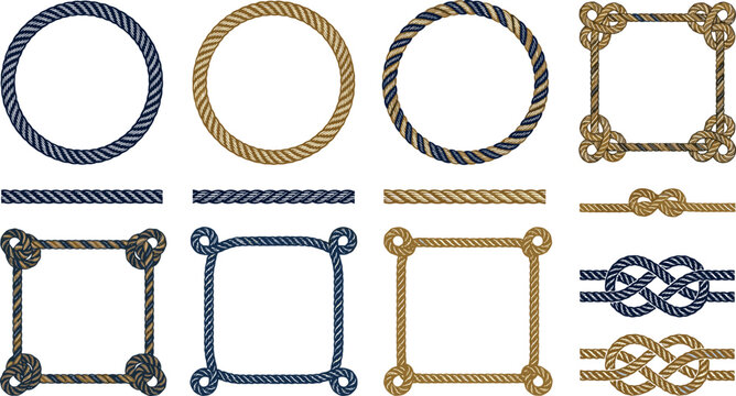 Nautical Rope Frame and Knot Vector Collection with Circular Square Borders and Marine Twine Elements for Graphic Design