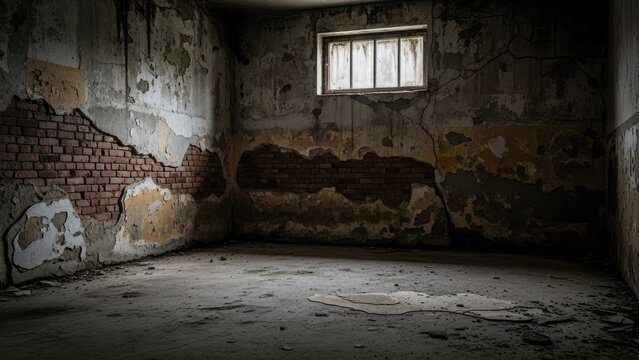 Dark empty basement with brick wall and sunlight.
