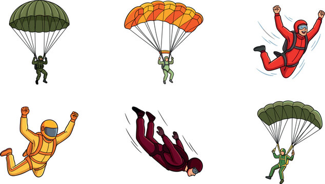 Skydiving and Parachuting Vector Illustration Set Featuring Skydivers Freefalling and Parachutists in Flight with Military and Sport Canopies