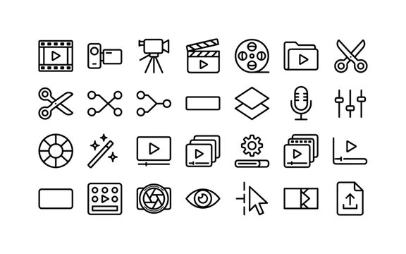 Media Production Set. Line icon set of Video: storyboard frame, camcorder, tripod camera, clapperboard, video reel, media folder, cut scissors, merge nodes, subtitle bar, overlay layer, microphone,