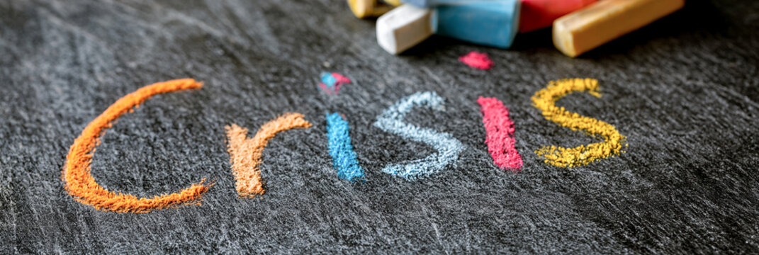 Crisis word written in colorful chalk on a textured black slate background, symbolizing economic instability and challenging global situations.