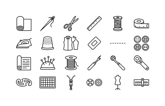 Pattern Making Tools. Line icon set of sewing and pattern making objects: fabric bolt, sewing needle, fabric scissors, straight ruler, thread spool, measuring tape, steam iron, thimble, shirt pattern,