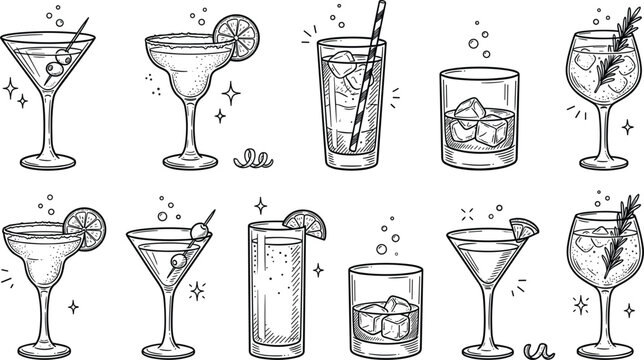 Vintage Sketch Cocktail and Alcohol Drink Vector Icon Set with Martini Margarita Whiskey and Gin Tonic for Bar Menus