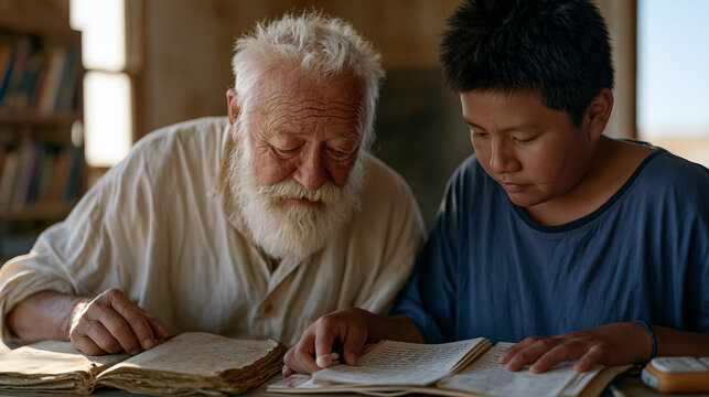 Elderly linguist with weathered notebooks sits beside a teenage indigenous student in a quiet rural schoolroom, both bent over handwritten vocabulary cards as the last fluent