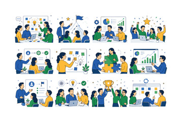 Fototapeta premium Teamwork Business Success. Team success, meeting, brainstorming, leadership, business management, startup culture, and collaboration. 12 minimalist editorial vector scenes: team brainstorms around