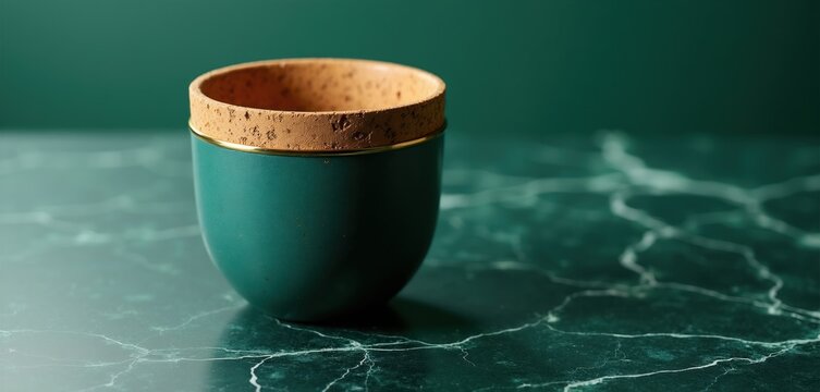 Teal cup with cork rim and gold accent sits on dark green marble surface. Smooth background is a deep teal shade. Minimalist elegant drinkware.