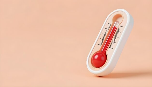 Close-up 3D render of a red liquid thermometer against a soft peach background