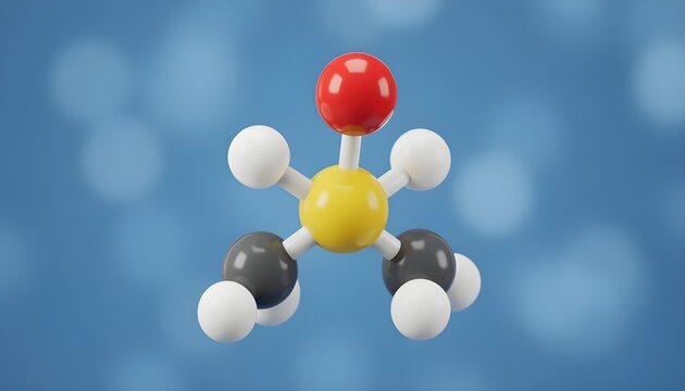 3D molecular model of dimethyl sulfoxide with yellow sulfur and red oxygen atom