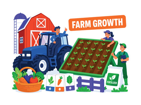 Farming Agriculture Fields banner, lively farm scene with 3 expressive stylized human characters interacting with oversized tractor and giant planting field board, farm building reaching top edge,