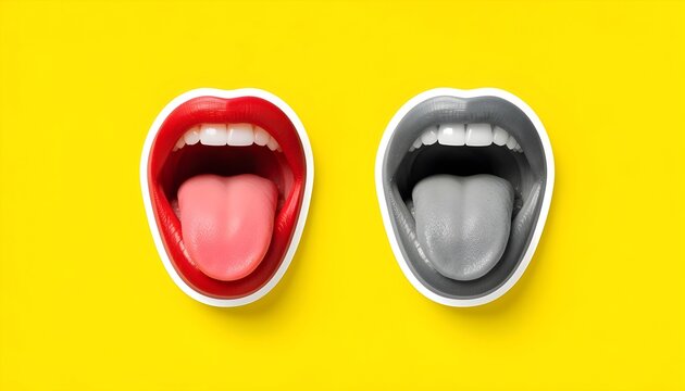Two open mouths, one in color and one in grayscale, against a bright yellow background