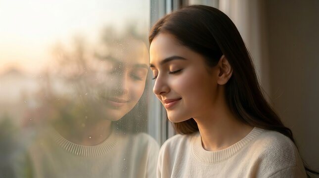 Woman looking out the window with a thoughtful expression