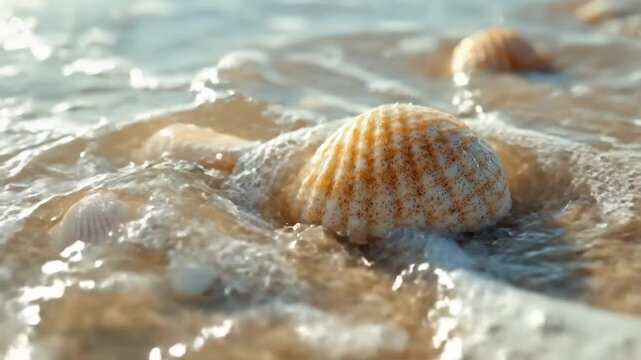 Close-up of seashells on a sandy beach with glistening ocean waves