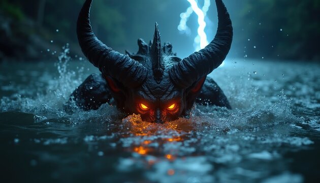 Demonic creature with horns and glowing eyes emerges from dark water. Lightning strikes overhead, illuminating fearsome beast. Dark fantasy, horror, mythical being. This evil entity rises from abyss.