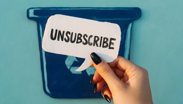 Hand holding a speech bubble with the word unsubscribe against a blue background