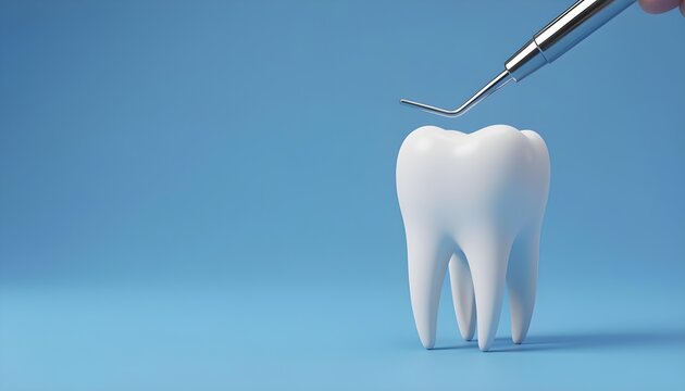 Close-up 3D render of a healthy white tooth with dental explorer tool