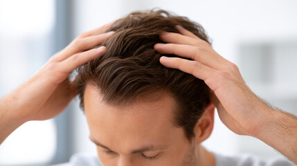 Fototapeta premium Extreme Close-up of Man Massaging Minoxidil into Thinning Crown Scalp