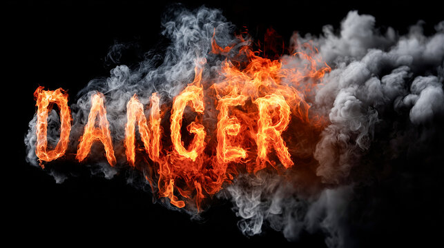 Danger word written in vibrant fire and thick grey smoke over a black background, symbolizing high risk, hazard, and intense heat.