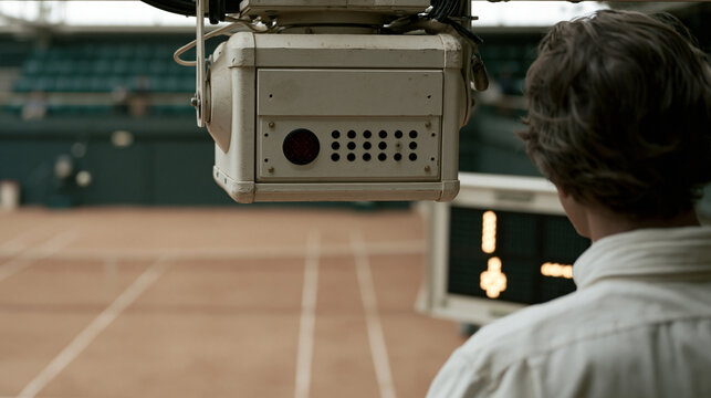 Robot referee unit mounted on rail above indoor tennis court, ball trajectory tracked via sensor array, human line judge observing decision display board, sports officiating