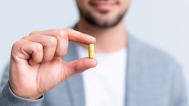 Unrecognizable Man Softly Blurred Showing Single Finasteride Pill