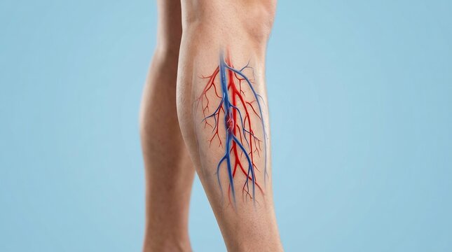 Medical illustration of the vascular network in a human leg showing veins and arteries with a focal area of inflammation