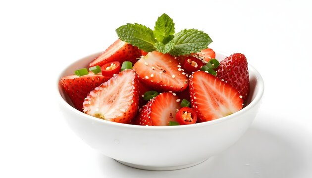 Freshly sliced strawberries with chili and mint in a white bowl