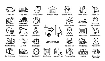 Courier Service and Road Transport Outline Icons Delivery Logistics Vector Set © Shultana