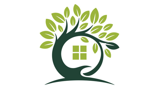 Tree Logo Icon with Green Leaves Around a White House Shape, Cheerful Eco Design for Branding and Sustainability Themes