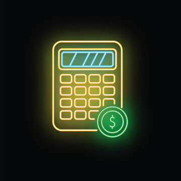Neon calculator icon illuminating financial calculations and money management