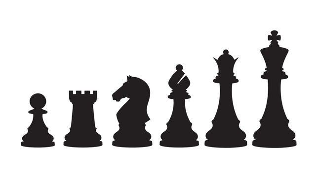 Chess Pieces Silhouettes in Black with King, Queen, Bishop, Knight, Rook, and Pawn Icons on White Background