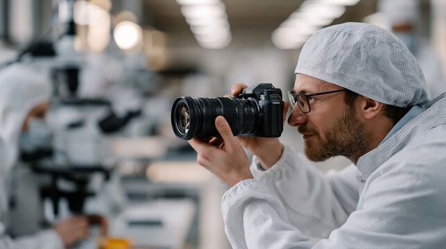 Hydrogen fuel cell stack assembly technician in cleanroom assembling membrane electrode components under magnification at anti-static workbench, quality assurance engineer