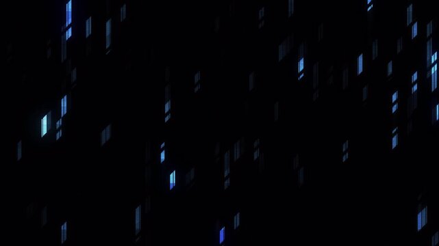 Abstract digital glitch art with moving blue light streaks on dark background.
