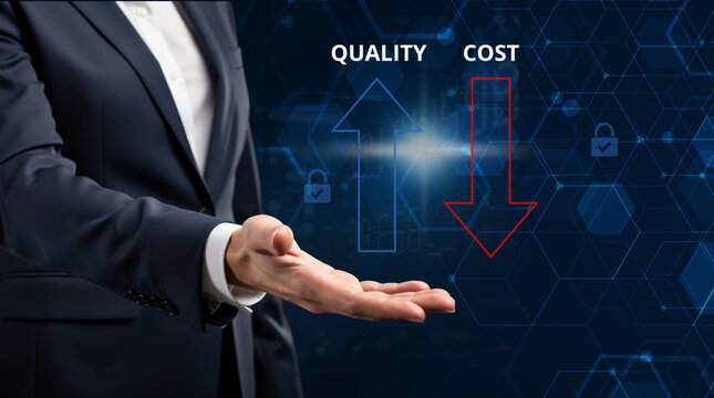 Businessman holding quality up blue arrow and cost down red arrow representing business optimization, cost reduction, quality improvement, value management, and operational efficiency on futuristic bl