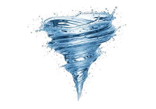 Dynamic swirling water vortex with splashing droplets and rippling liquid motion in a circular spiral pattern isolated on a transparent background
