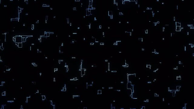 Abstract digital glitch background with dark blue pixelated patterns and motion.