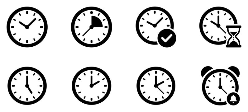Set of various black and white clock icons including wall clocks, hourglass, and alarm clock with different time indicators on transparent background