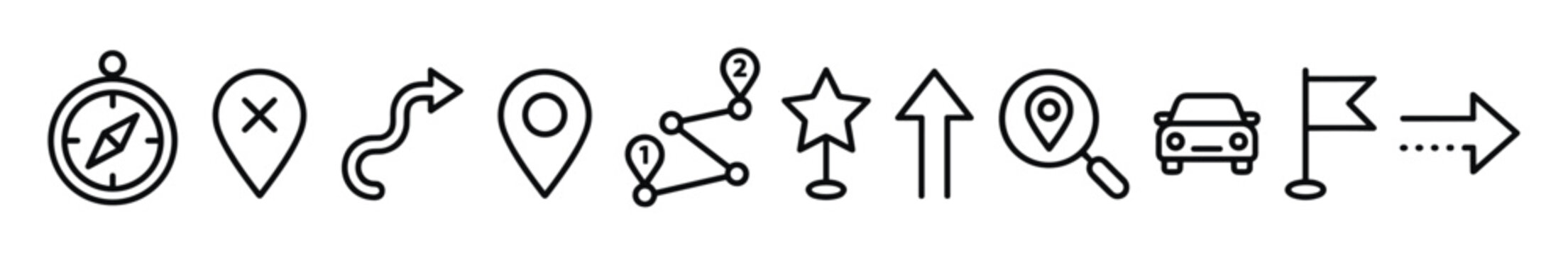 Set of navigation and location icons including compass, map markers, route, star pin, magnifying location, car, and directional arrows on transparent background