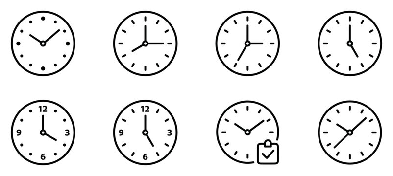 Set of eight simple black and white clock icons showing different times with one clock featuring a check mark symbol on transparent background