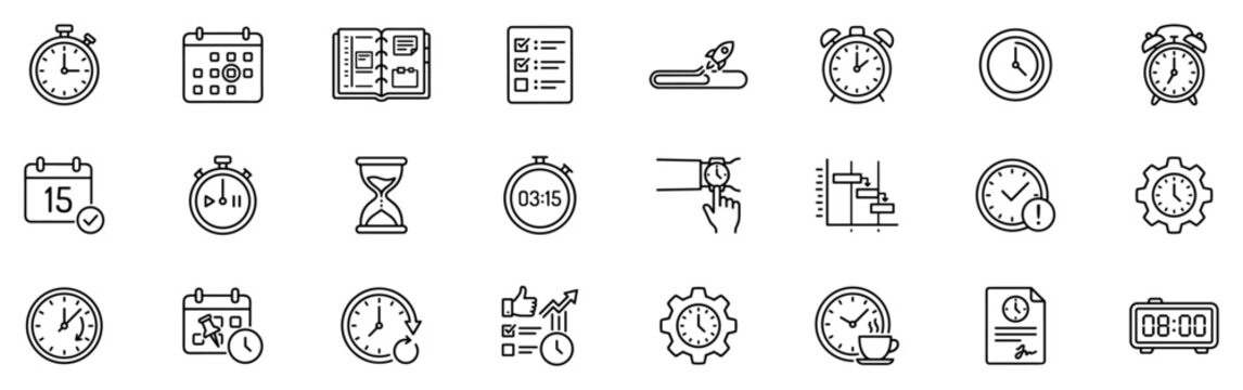 Set of thin line productivity and time management icons including clocks, calendars, planners, hourglass, stopwatch, schedule, and task lists on transparent background