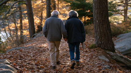 Fototapeta premium Elderly couple walking hand in hand through forest trail carpeted in fallen leaves at peak autumn color, late afternoon light filtering gold between trunks, thermos visible in
