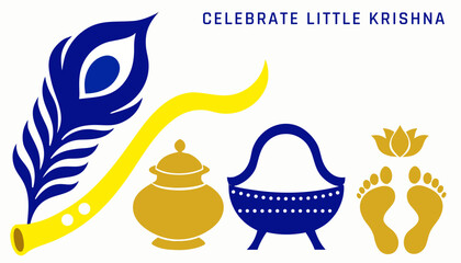 Janmashtami horizontal vector with flute, peacock feather cascade for website header and email banner design © Aleksandr