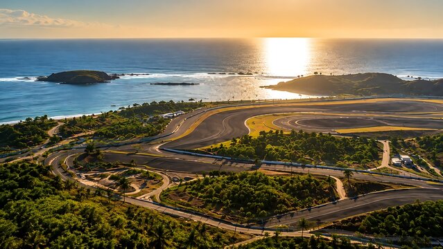 Spectacular aerial view of Mandalika Circuit at sunset, featuring winding racetrack, tropical coastline, turquoise ocean, and golden light creating a world-class motorsport destination.
