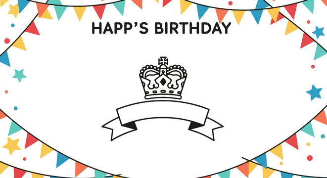 Festive birthday greeting with crown and colorful bunting