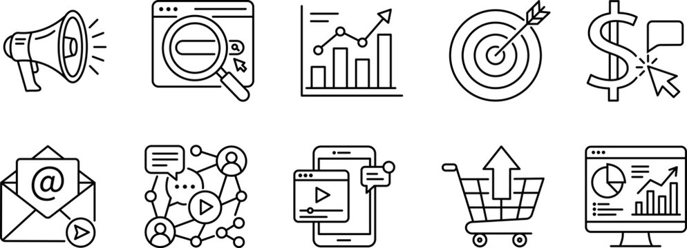 Set of digital marketing and business icons, including seo, social media, analytics, and ecommerce symbols