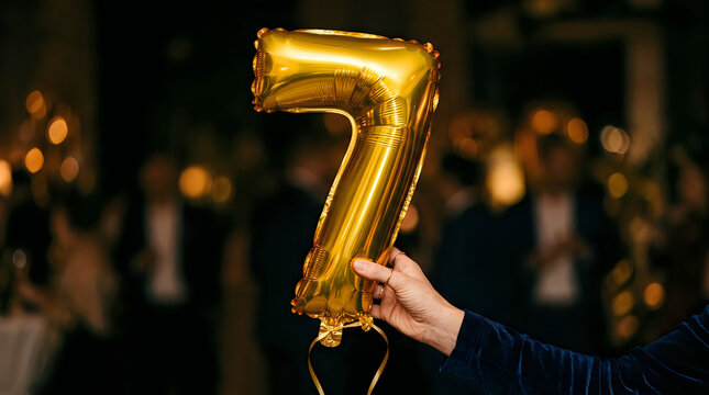 Hand holding gold balloon number 7