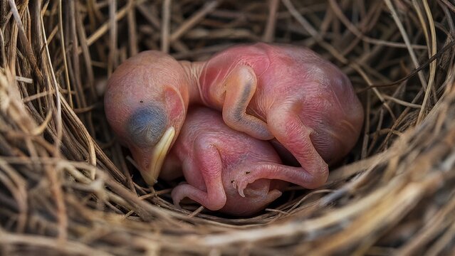 A featherless newborn hatchling curled in an empty nest, soft natural light.