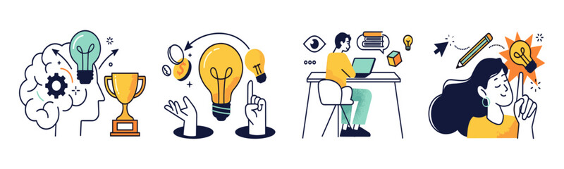 Set of abstract vector illustrations representing creative problem solving brainstorming and innovative ideas brainstorming creativity innovation illustration business lightbulb thinking © Stock4line