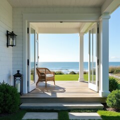 Obraz premium Open french doors reveal wicker chair on wooden deck porch. Sea view with green grass lawn and bright sunny sky. Coastal house exterior with classic lanterns and white paint.
