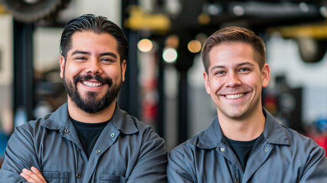 Retrato de dois mec&acirc;nicos profissionais sorrindo na oficina automotiva

