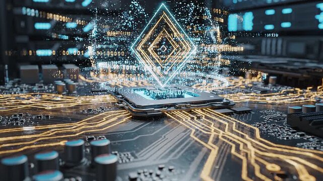 A glowing CPU on a circuit board with golden pathways and holographic diamond shapes, symbolizing advanced computing, artificial intelligence, and digital transformation.