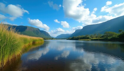 Naklejka premium Vast river flows through verdant valley, flanked by grassy plains and steep mountains. Calm water reflects sky and clouds. Rich green trees line distant shores. Sunny day in wilderness.